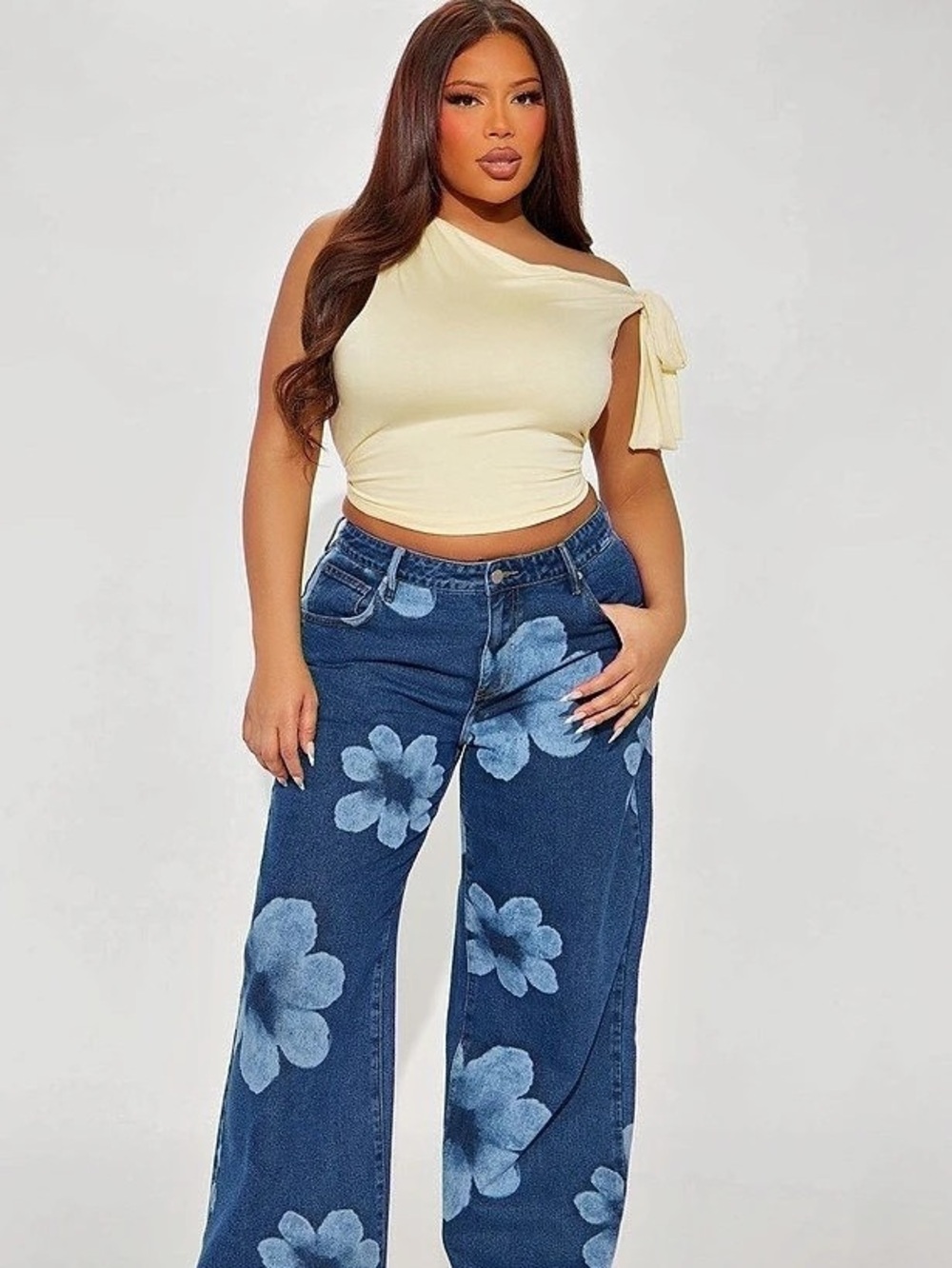 Floral Wide Leg Jeans in Blue Like New